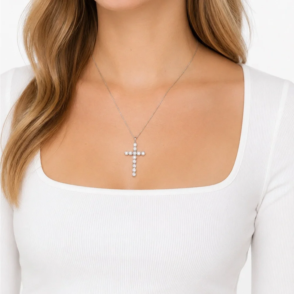 925 Sterling Silver 6.00CT MOISSANITE Cross Pendant Necklace Size 18”